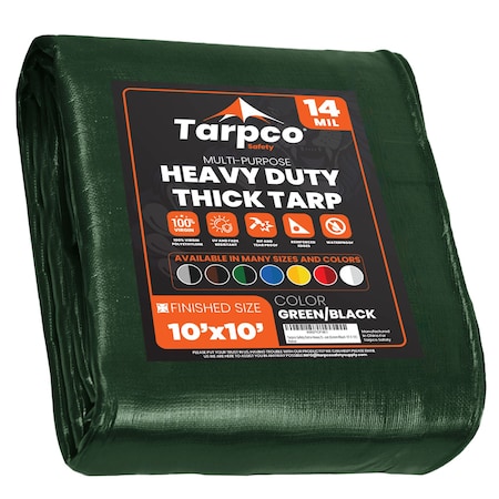 Tarpco Safety Heavy Duty Tarp, 10 ft L x 0.5 mm H x 10 ft W, 14 Mil, Green/Black, Polyethylene TS-103-10X10